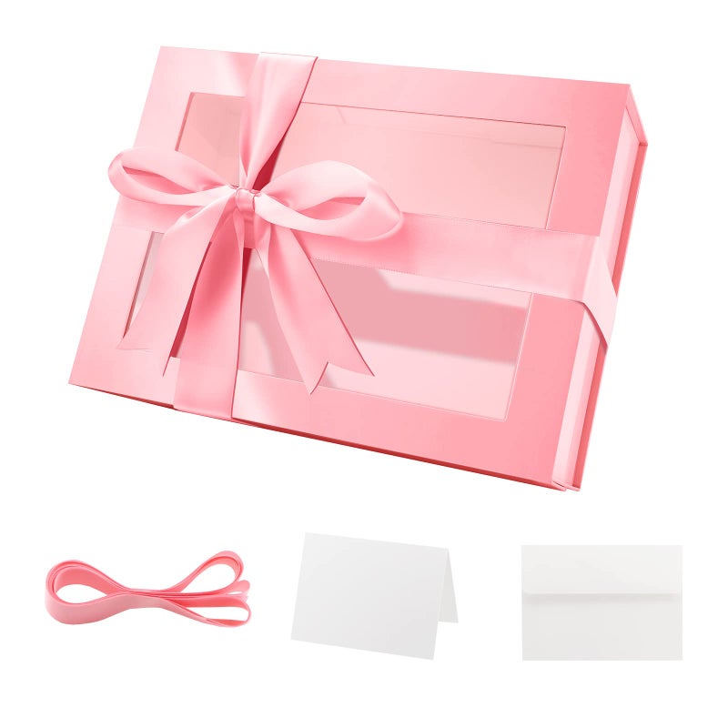 PACKQUEEN Pink Gift Box with Window 9x65x38 Inches Clear Gift Box for Present Contains Ribbon Card Bridesmaid Proposal Box with Magnetic Lid Glossy Pink