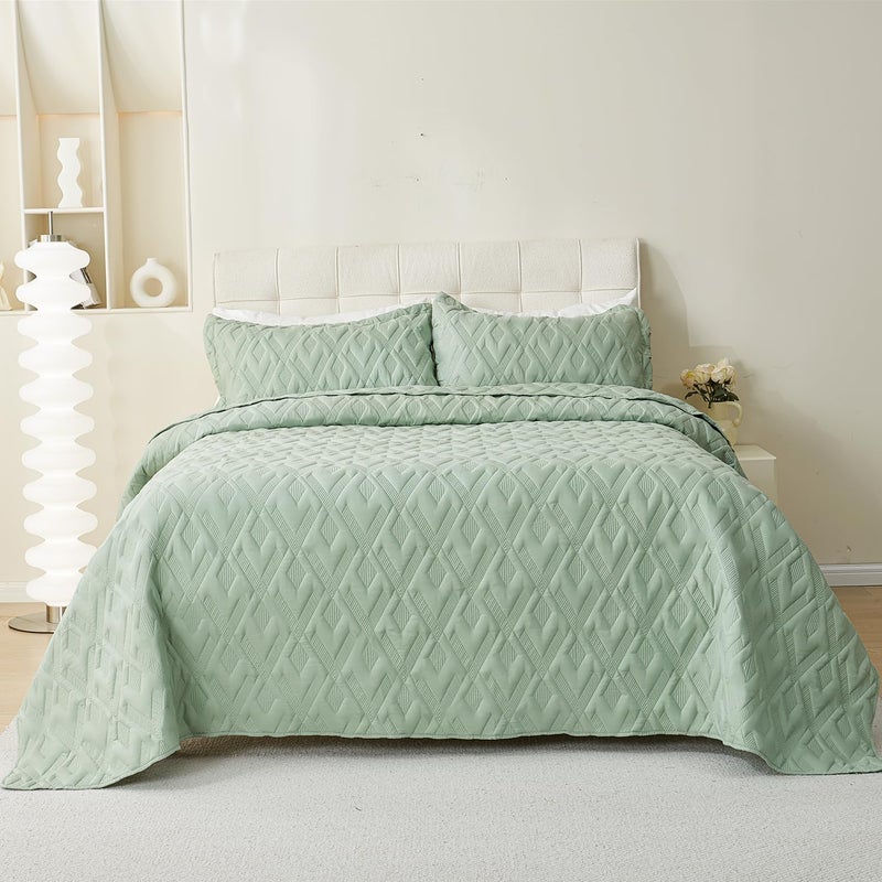 Cmfshape Queen Quilt Bedding Set,3 Pieces 92"x96" Diamond Embroidery Quilt Set,Lightweight Soft Quilt Set for All Seasons,Soft Bedspread Reversible Coverlet(Sage Green,92"x96") - Image 2