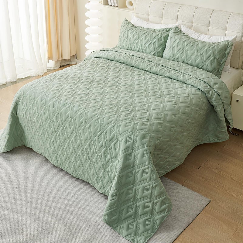 Cmfshape Queen Quilt Bedding Set,3 Pieces 92"x96" Diamond Embroidery Quilt Set,Lightweight Soft Quilt Set for All Seasons,Soft Bedspread Reversible Coverlet(Sage Green,92"x96") - Image 3
