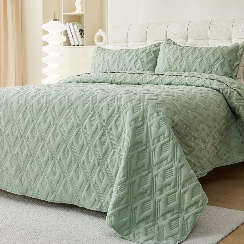 Cmfshape Queen Quilt Bedding Set,3 Pieces 92"x96" Diamond Embroidery Quilt Set,Lightweight Soft Quilt Set for All Seasons,Soft Bedspread Reversible Coverlet(Sage Green,92"x96") - Image 1