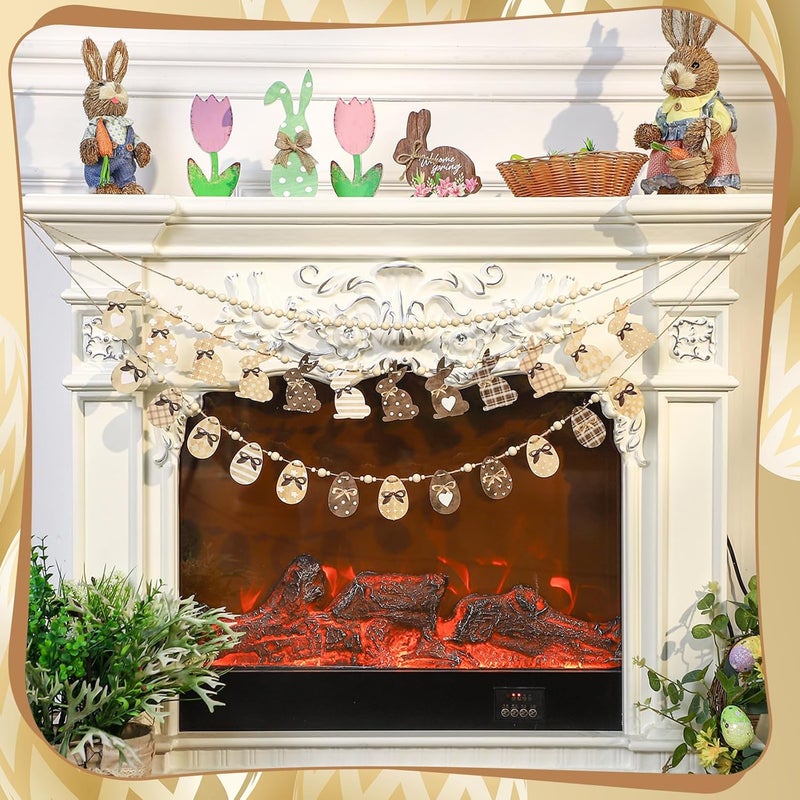 Marsui Wooden Easter Mantle Garland Decoration Vintage Farmhouse Bunny Rabbits Eggs and Wooden Beads with Ropes DIY Spring Garland Happy Easter Banner for Wall Shelf Home Fireplace Decor - Image 3