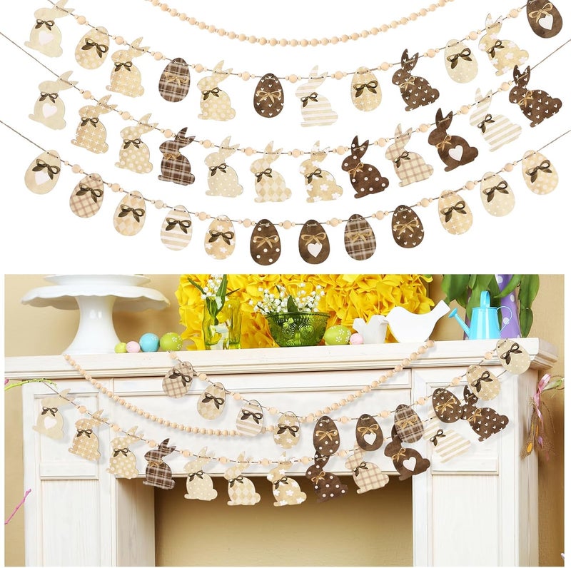 Marsui Wooden Easter Mantle Garland Decoration Vintage Farmhouse Bunny Rabbits Eggs and Wooden Beads with Ropes DIY Spring Garland Happy Easter Banner for Wall Shelf Home Fireplace Decor - Image 1
