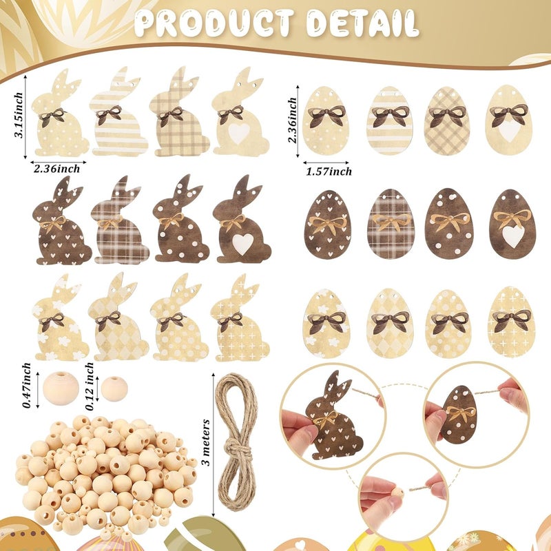 Marsui Wooden Easter Mantle Garland Decoration Vintage Farmhouse Bunny Rabbits Eggs and Wooden Beads with Ropes DIY Spring Garland Happy Easter Banner for Wall Shelf Home Fireplace Decor - Image 2