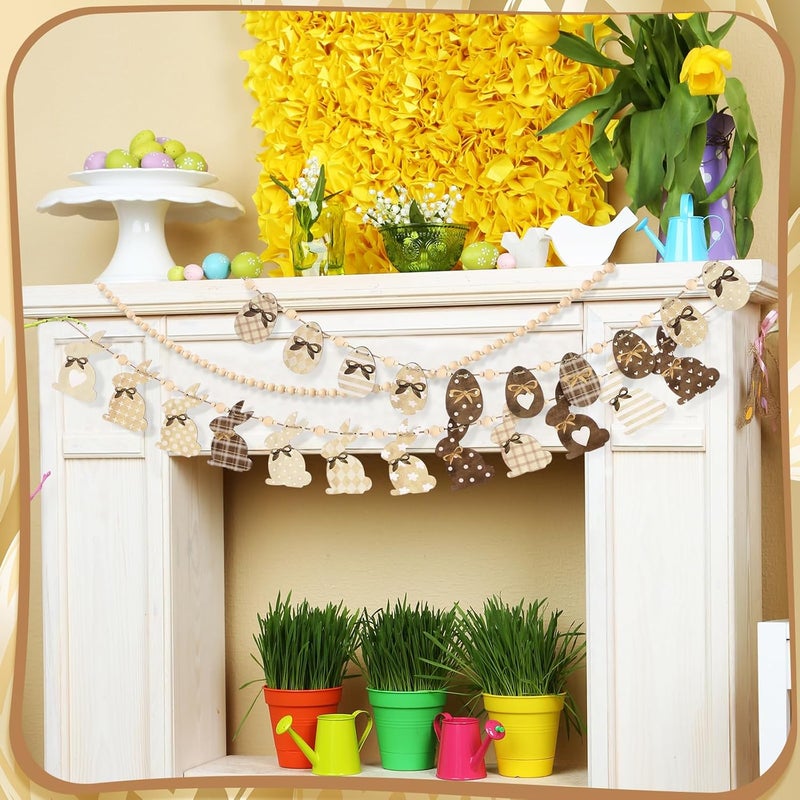 Marsui Wooden Easter Mantle Garland Decoration Vintage Farmhouse Bunny Rabbits Eggs and Wooden Beads with Ropes DIY Spring Garland Happy Easter Banner for Wall Shelf Home Fireplace Decor - Image 5