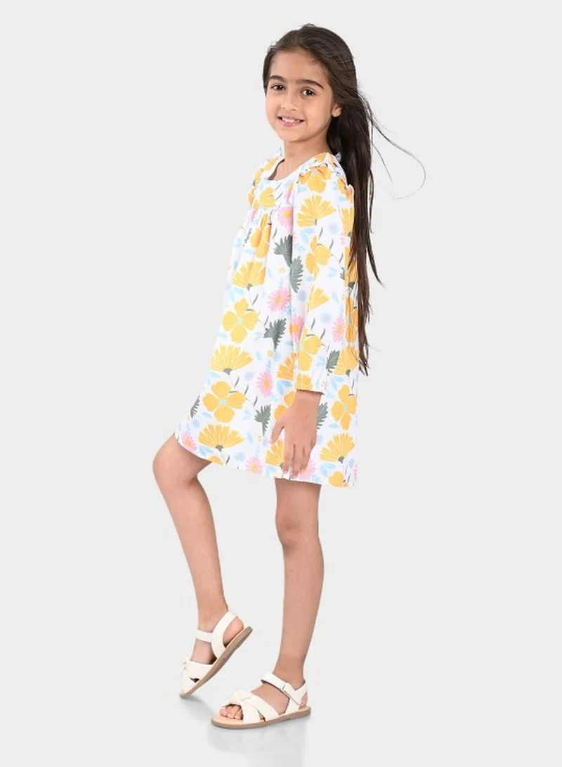 Bonkids Regular Fit Printed White And And And Multicolour Cotton Dresses For Girls Round Neck Flat Collar Pull On 100 % Cotton