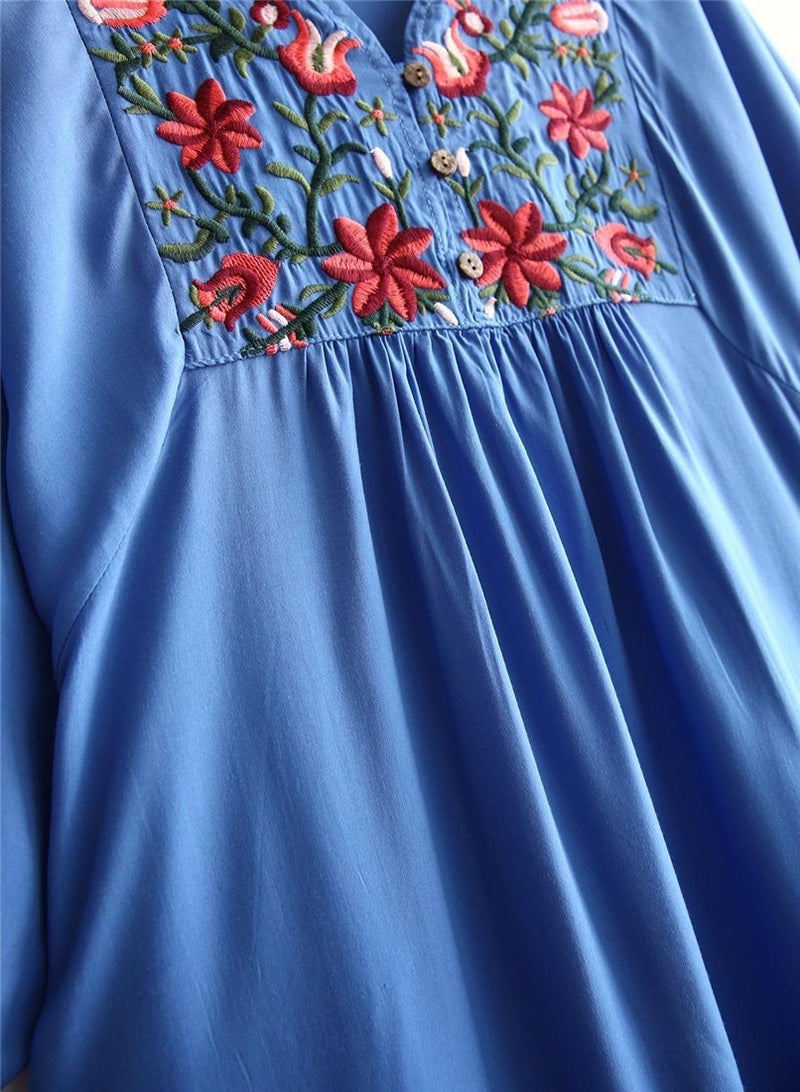 Kafeimali Women's Summer Mini Dress Bohemian Embroidery Tunic Shift Blouse (Blue) - Image 3
