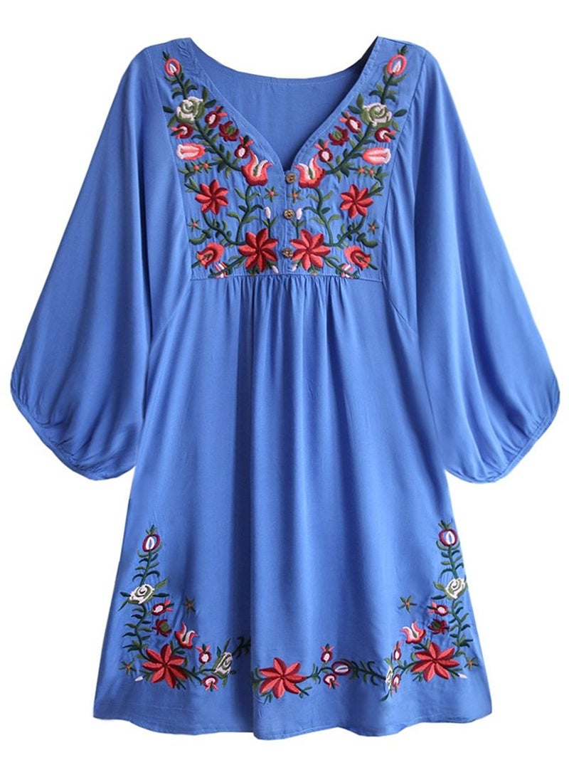 Kafeimali Women's Summer Mini Dress Bohemian Embroidery Tunic Shift Blouse (Blue) - Image 5