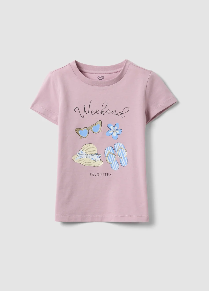 او في اس OVS Girlsâ€™ Pink Organic Cotton T-Shirt With Print And Glitter