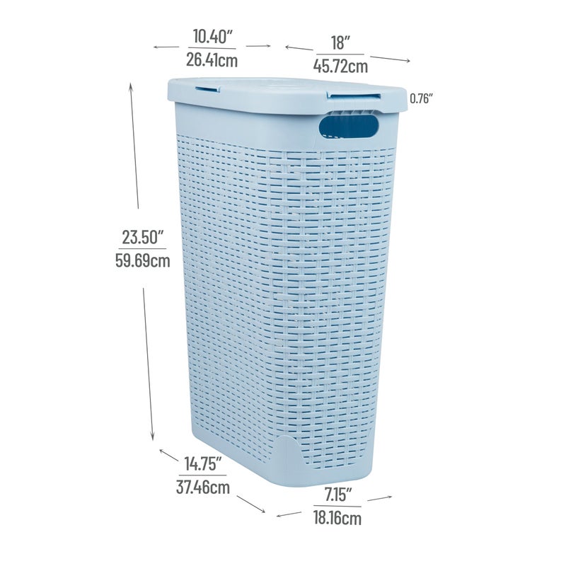 Mind Reader Slim Laundry Hamper with Lid, 40L Clothes Basket, Premium Wicker Design, Plastic, Baby Blue - Image 3
