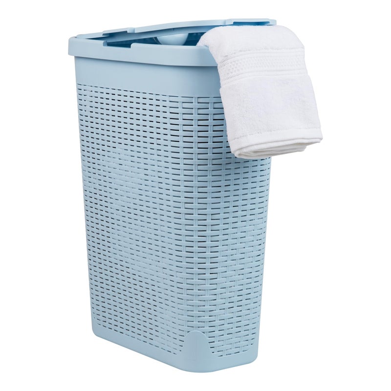 Mind Reader Slim Laundry Hamper with Lid, 40L Clothes Basket, Premium Wicker Design, Plastic, Baby Blue - Image 1