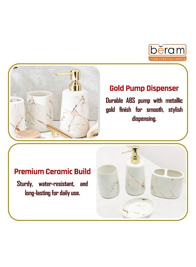 بيرام طقم بيرهام رخامي ذهبي وأبيض بطرف دائري – 4 قطع يشمل موزع غسول، حامل فرشاة الأسنان، كوب، وصحن صابون. إطلالة فاخرة بلمسة الرخام – سيراميك أبيض لامع بتفاصيل أنيقة ولمسة فاخرة مميزة. - Image 4