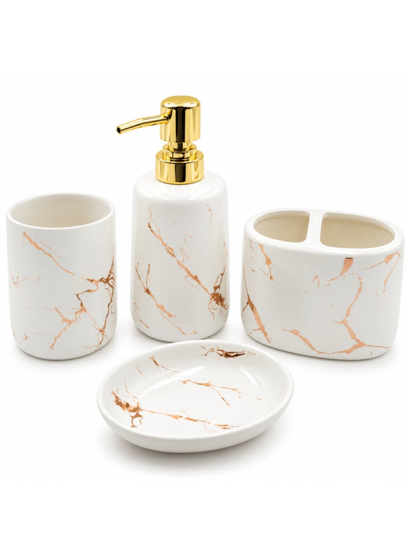 BERAM 4 Piece Ceramic Bathroom Accessories Set, White Marble Design with Gold Accents, 400ml Soap Dispenser, Toothbrush Holder, Tumbler & Soap Dish, Bathroom Countertop Organizer Set - Image 1