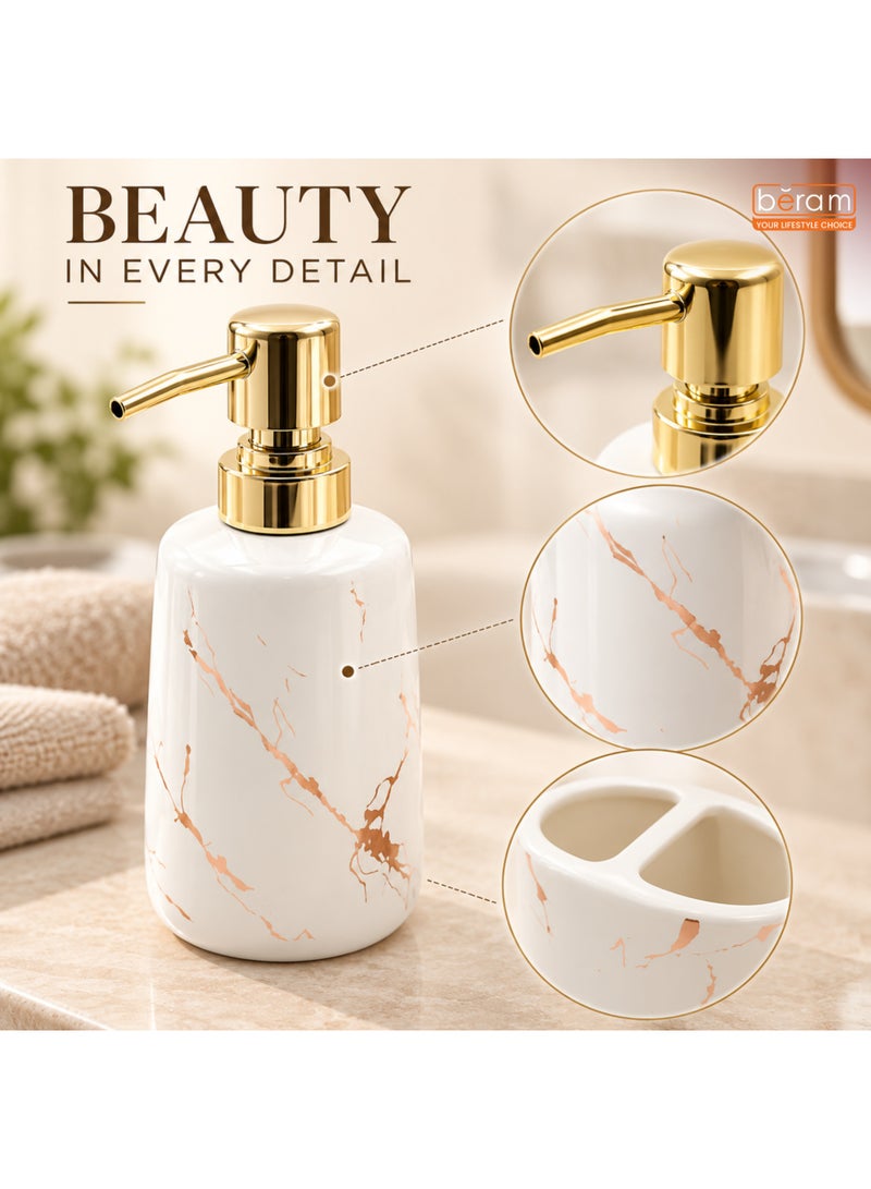 BERAM 4 Piece Ceramic Bathroom Accessories Set, White Marble Design with Gold Accents, 400ml Soap Dispenser, Toothbrush Holder, Tumbler & Soap Dish, Bathroom Countertop Organizer Set - Image 4