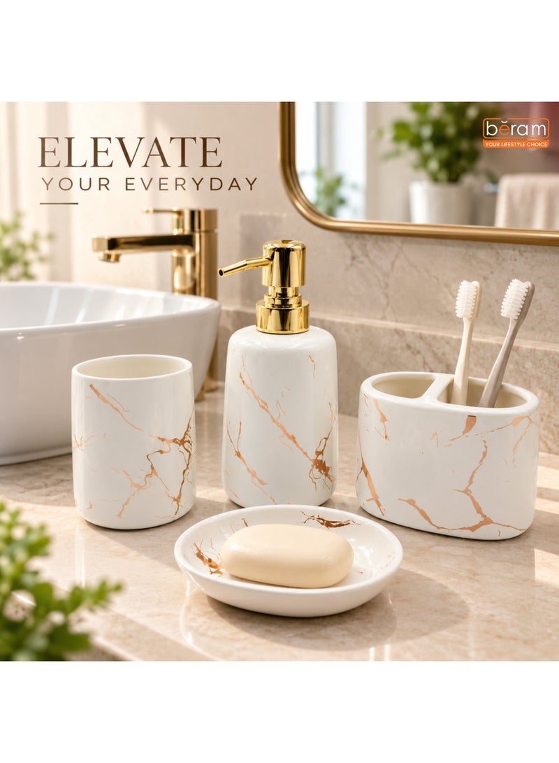BERAM 4 Piece Ceramic Bathroom Accessories Set, White Marble Design with Gold Accents, 400ml Soap Dispenser, Toothbrush Holder, Tumbler & Soap Dish, Bathroom Countertop Organizer Set - Image 2