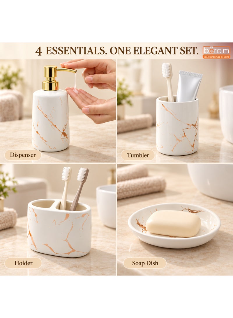 BERAM 4 Piece Ceramic Bathroom Accessories Set, White Marble Design with Gold Accents, 400ml Soap Dispenser, Toothbrush Holder, Tumbler & Soap Dish, Bathroom Countertop Organizer Set - Image 3