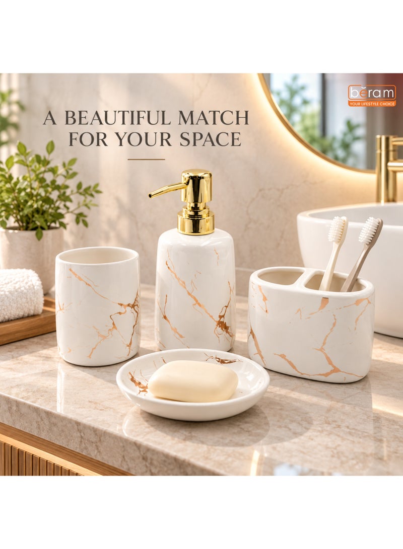BERAM 4 Piece Ceramic Bathroom Accessories Set, White Marble Design with Gold Accents, 400ml Soap Dispenser, Toothbrush Holder, Tumbler & Soap Dish, Bathroom Countertop Organizer Set - Image 5