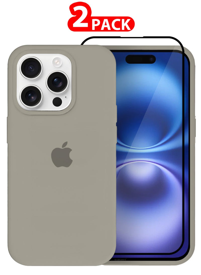 CATANES - (for iPhone 16 Pro) 2 Pack Case and Screen Protector, Slim Silicone Case, Full Covered Anti Scratch Shockproof Protective Cover / Beige - Image 1