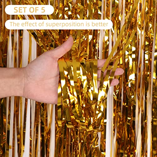 Ohiyoo 5 Pack Gold Fringe Backdrop 32ft x 82ft Foil Curtain Tinsel Foil Fringe Curtains Backdrop Tinsel Backdrop Streamers for Birthday Curtain Party Decoration Wedding Christmas Decoration Gold - Image 3
