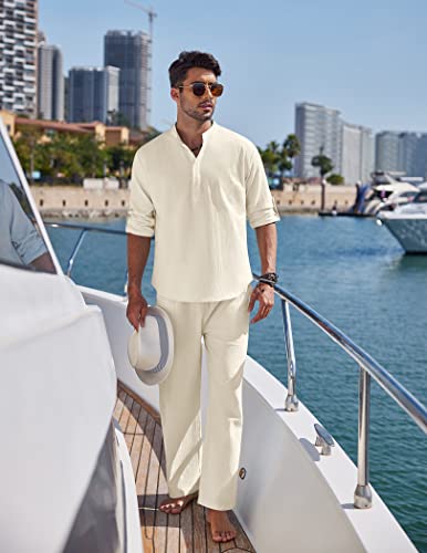 COOFANDY Mens 2 Pieces Cotton Linen Set Long Sleeve Henley Shirts Casual Beach Pants With Pockets Summer Yoga Outfits - Image 3