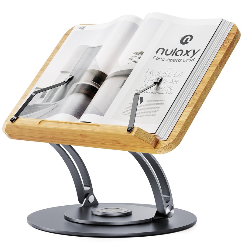 nulaxy حامل كتب نولاكسي من الخيزران 360 درجة قابل للدوران للقراءة، حامل كتب دراسية قابل للتعديل للقراءة بدون استخدام اليدين، حامل كتب مطبخ مكتبي قابل للطي مع مشابك صفحات واقية، يناسب جميع الكتب - رمادي - Image 1