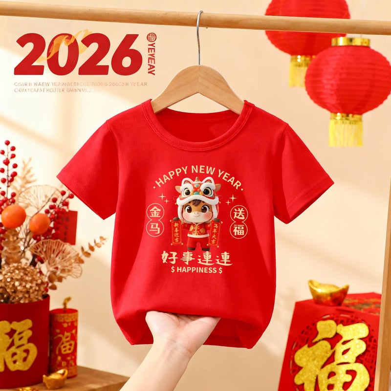 2026 Year Of The Horse Baby'S Zodiac Year Red Pure Cotton Short-Sleeved T-Shirt Children'S Festive New Year Greeting Outfit Activity Clothing - Image 1