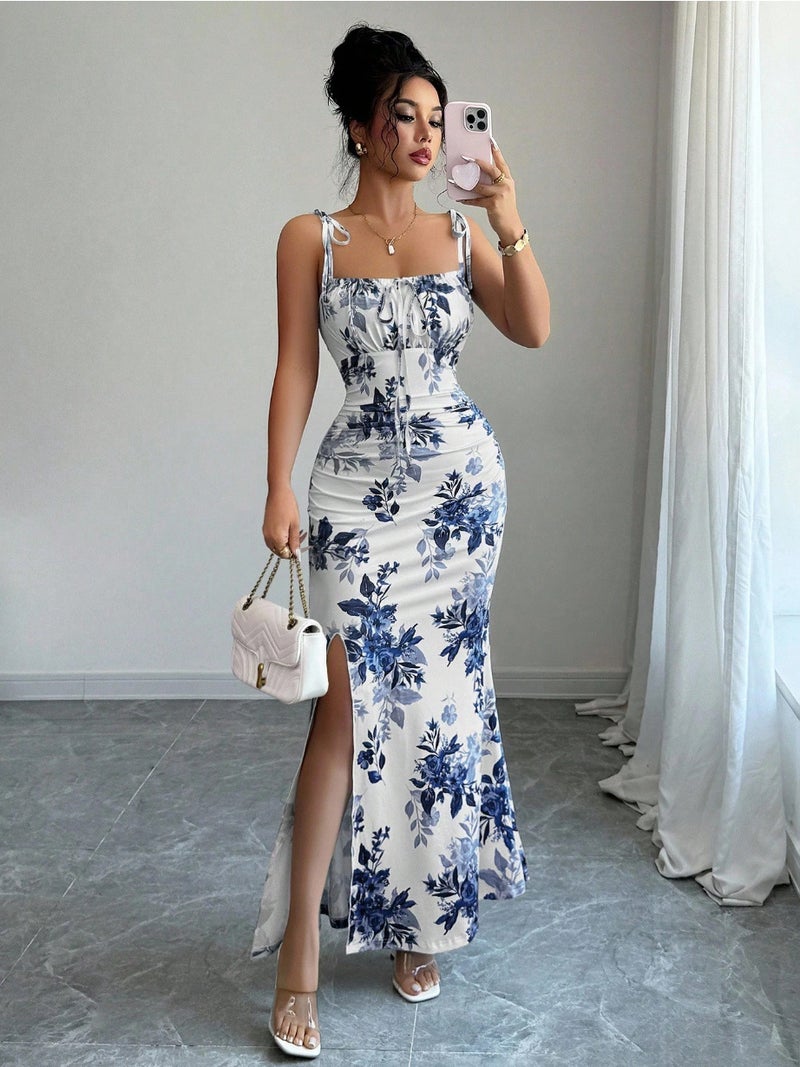 Floral Bodycon Split Dress with Spaghetti Straps - Image 2