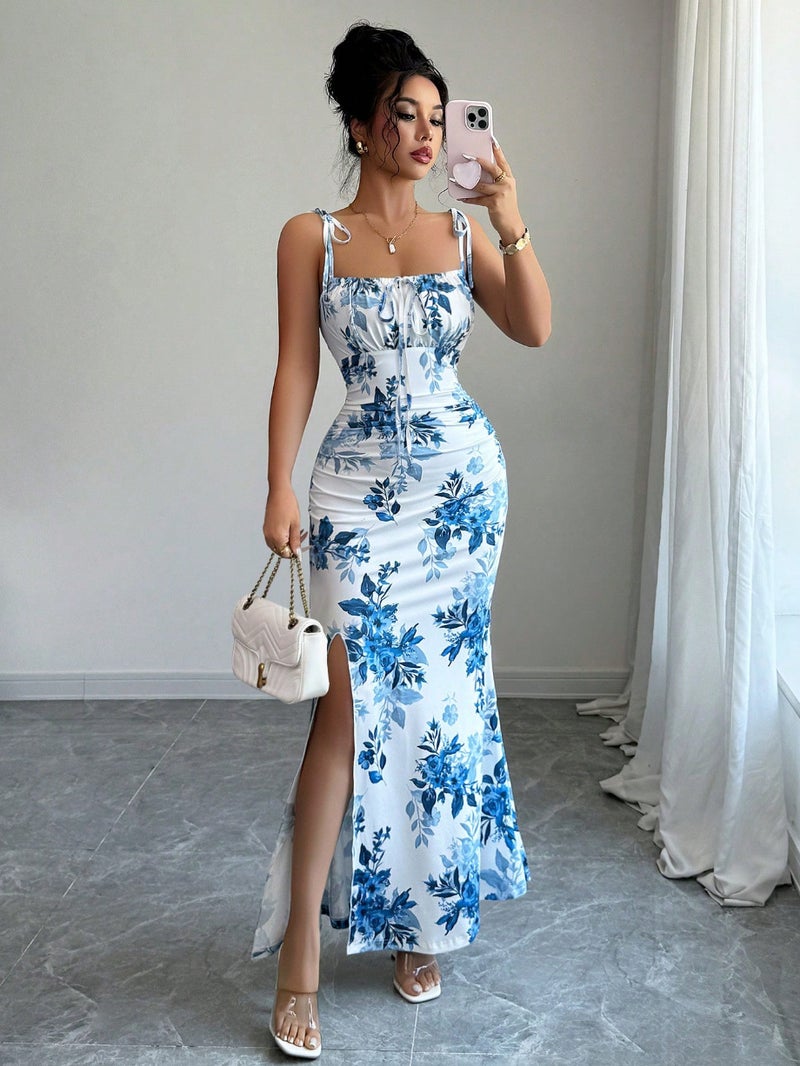 Floral Bodycon Split Dress with Spaghetti Straps - Image 3
