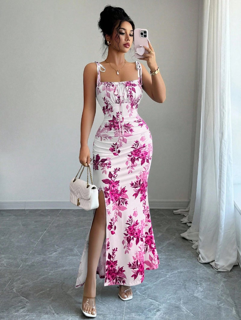 Floral Bodycon Split Dress with Spaghetti Straps - Image 4