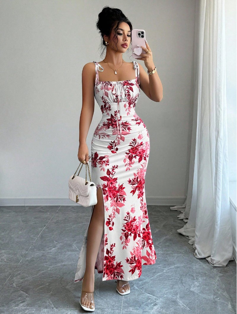 Floral Bodycon Split Dress with Spaghetti Straps - Image 5