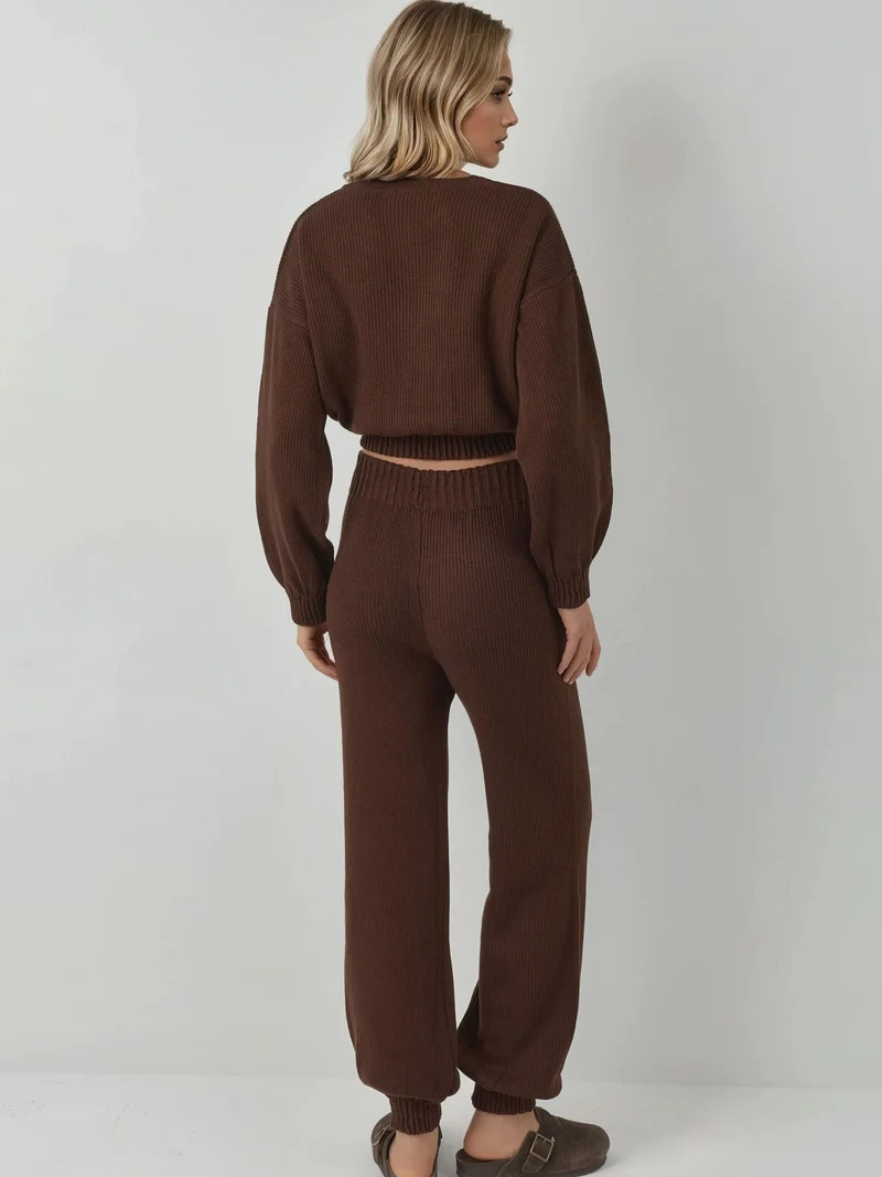 MY FASHION Coffee Brown MY FASHION Ribbed Cropped Crew Neck Sweater & Elastic Cuff Pants Knit Co-Ord Set for Women | Best Price UAE