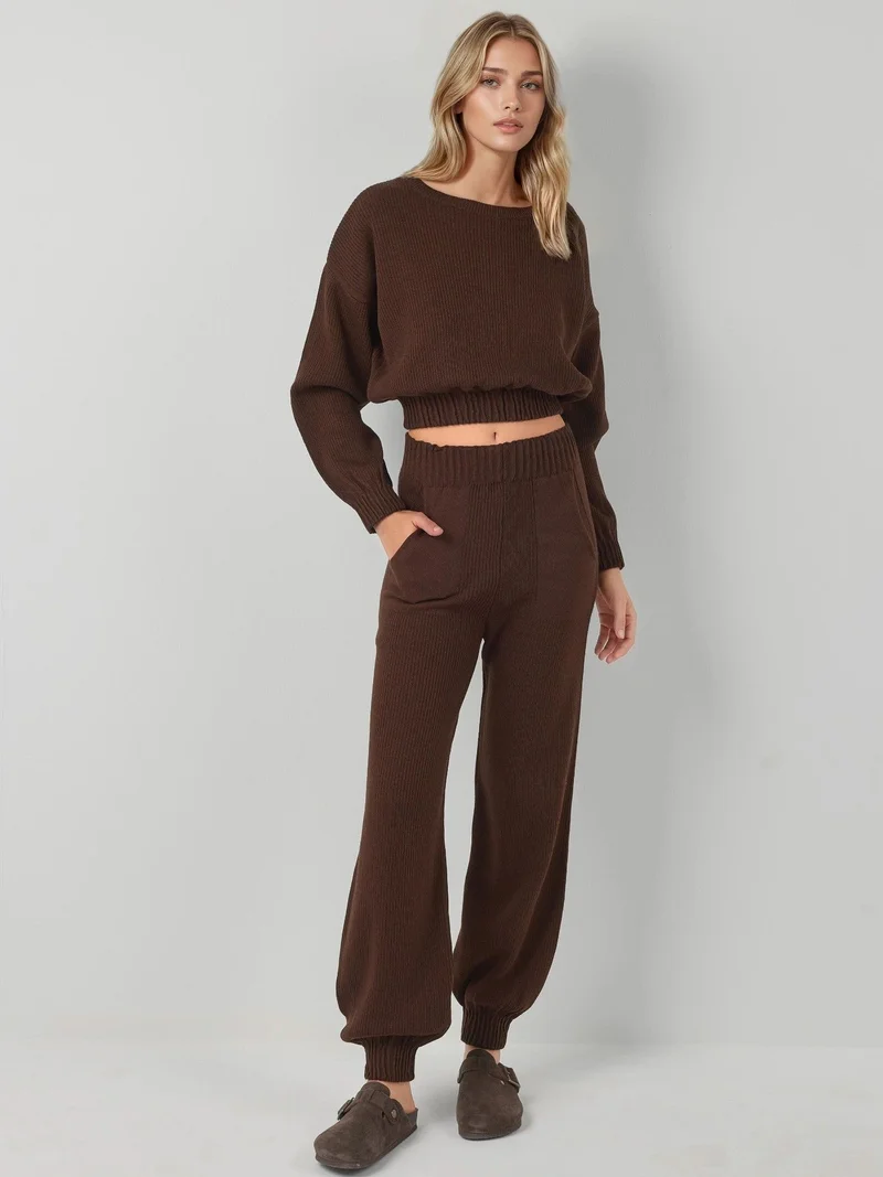 MY FASHION MY FASHION Ribbed Cropped Crew Neck Sweater & Elastic Cuff Pants Knit Co-Ord Set