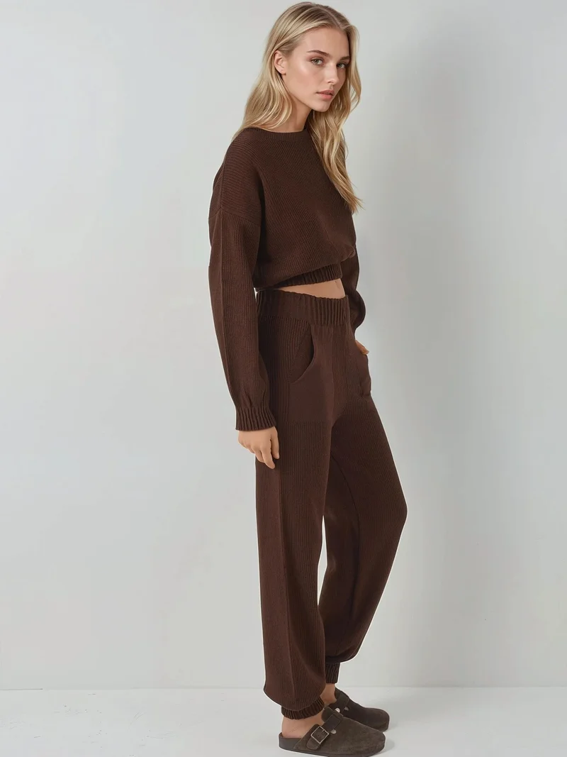 MY FASHION MY FASHION Ribbed Cropped Crew Neck Sweater & Elastic Cuff Pants Knit Co-Ord Set
