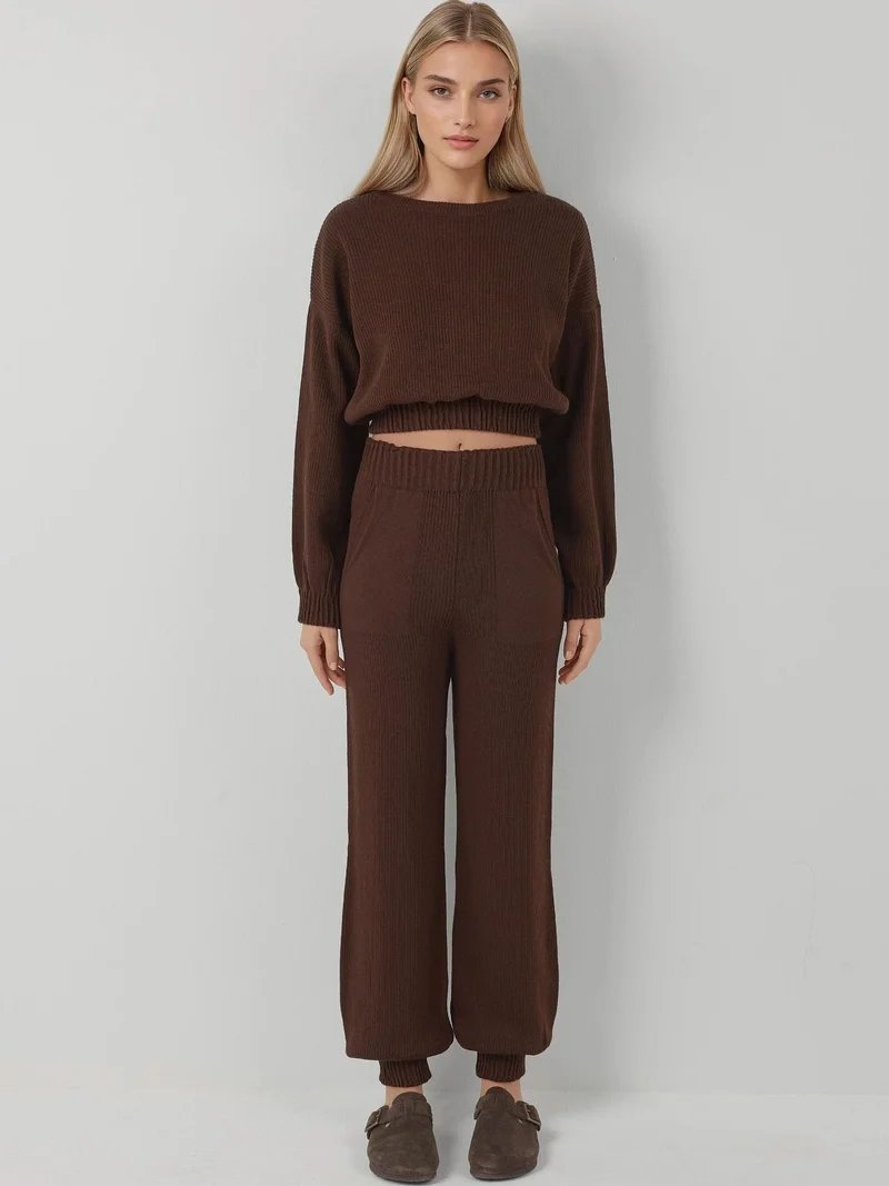 MY FASHION Coffee Brown MY FASHION Ribbed Cropped Crew Neck Sweater & Elastic Cuff Pants Knit Co-Ord Set for Women | Best Price UAE