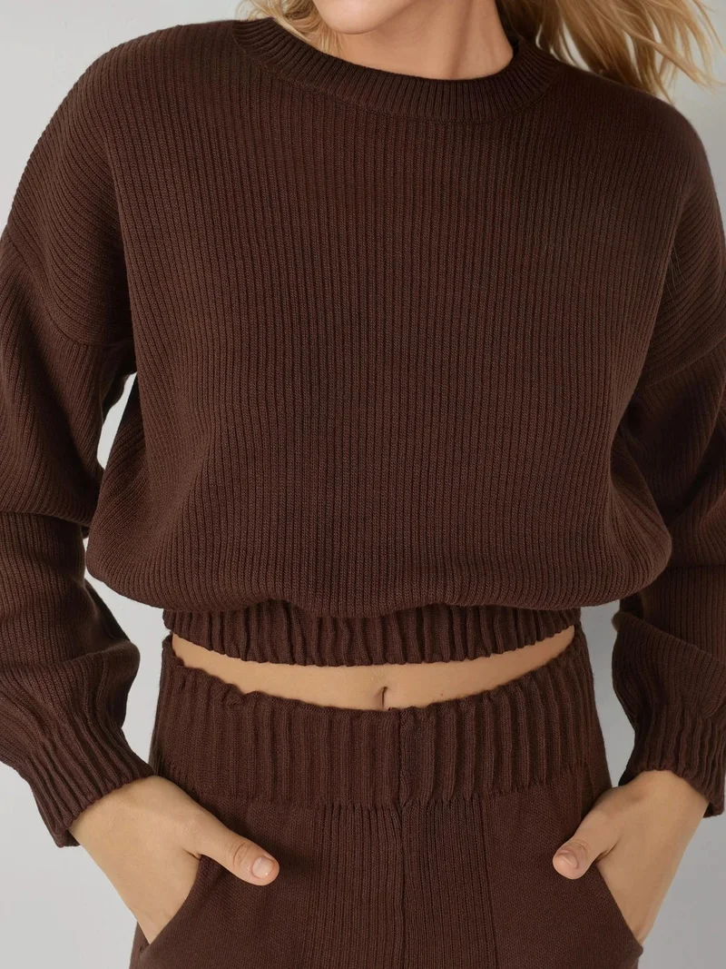 MY FASHION Coffee Brown MY FASHION Ribbed Cropped Crew Neck Sweater & Elastic Cuff Pants Knit Co-Ord Set for Women | Best Price UAE