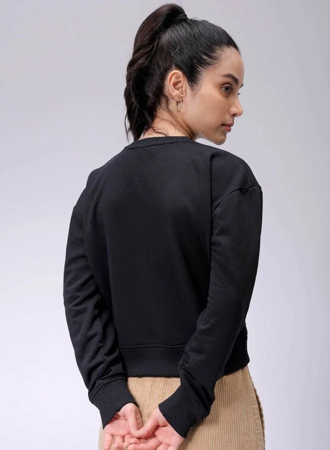 Freehand  Women Relaxed Fit Typography Printed Crew Neck Long Sleeve Cropped Sweatshirt for Women | Best Price UAE