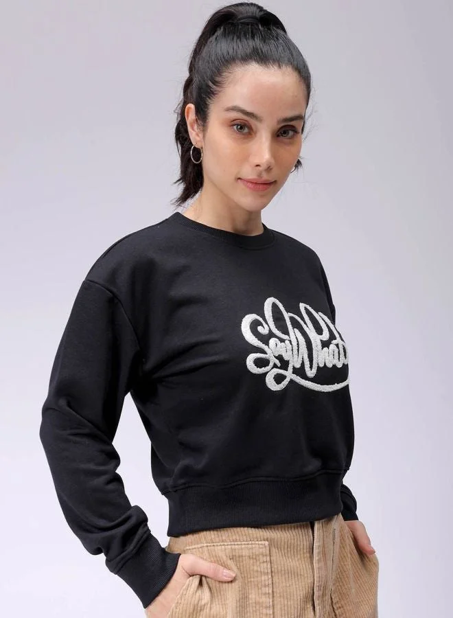 Women Relaxed Fit Typography Printed Crew Neck Long Sleeve Cropped Sweatshirt