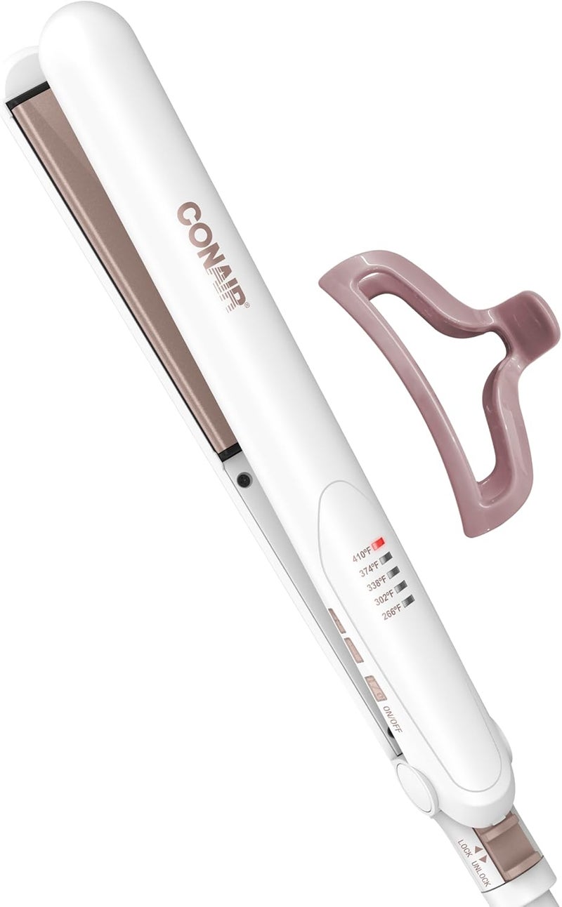 CONAIR Double Ceramic Flat Iron, 1-Inch Flat Iron Hair Straightener with Claw Clip, 5 Heat Settings, Extra-Long Floating Plates, White - Image 1