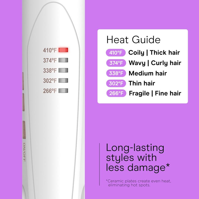 CONAIR Double Ceramic Flat Iron, 1-Inch Flat Iron Hair Straightener with Claw Clip, 5 Heat Settings, Extra-Long Floating Plates, White - Image 4