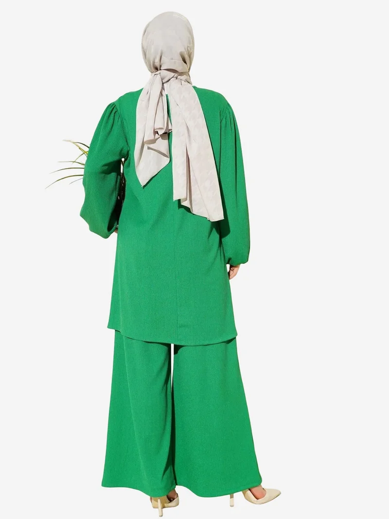 Big Dart Green BDART Textured Long Sleeve Tunic and Wide Leg Pants Set for Women | Best Price UAE
