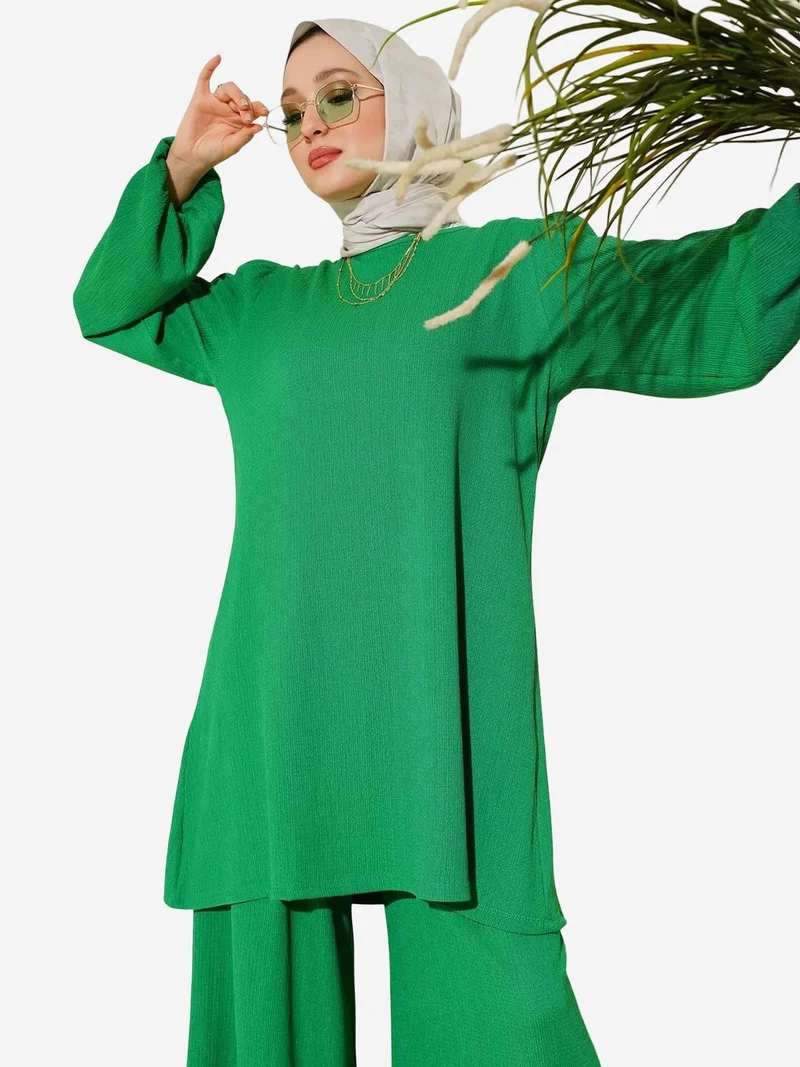 Big Dart Green BDART Textured Long Sleeve Tunic and Wide Leg Pants Set for Women | Best Price UAE
