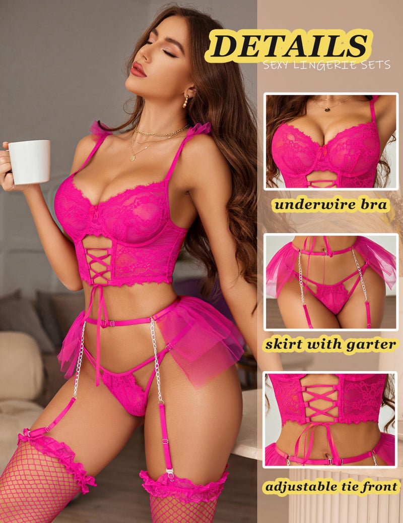 GirlFriend Lingerie Sets Womens Garter Sets 3 Piece Underwire Beautiful Bra and Panty Sets with Mesh Mini Skirts Dark Pink - Image 3