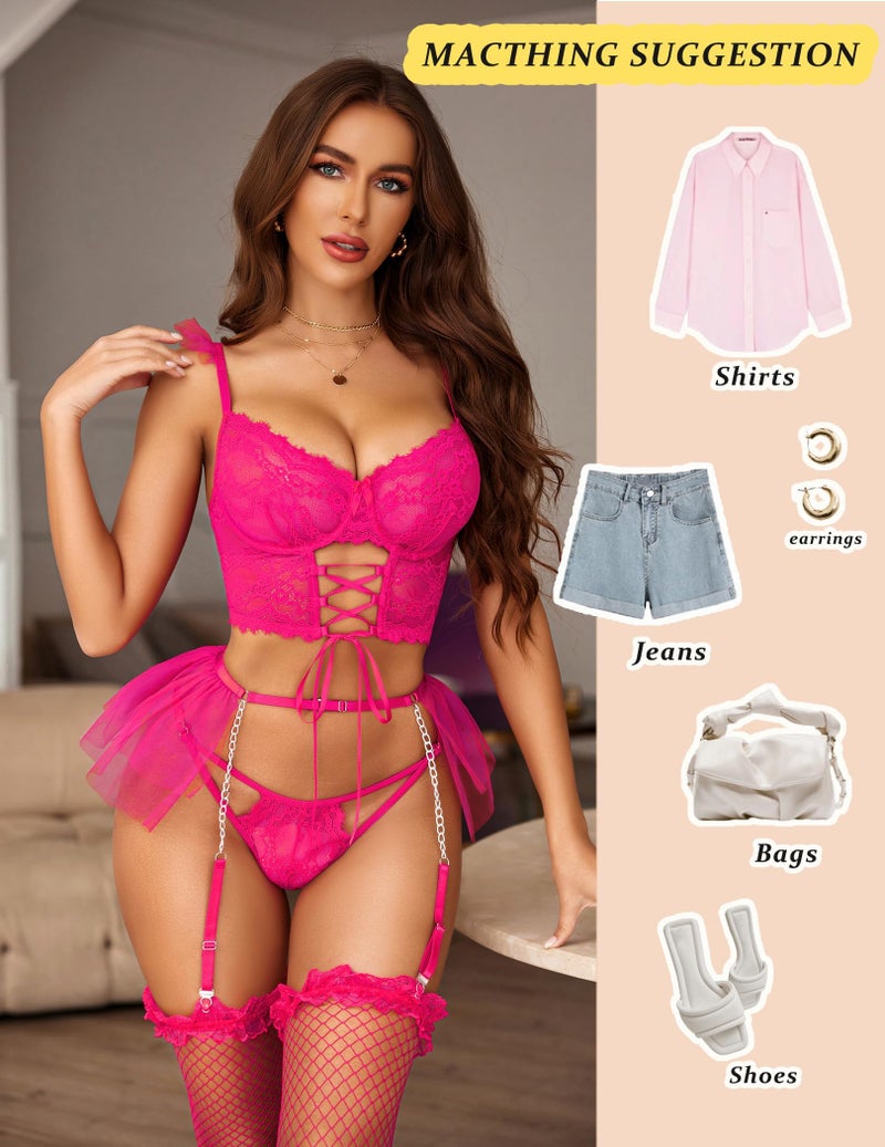 GirlFriend Lingerie Sets Womens Garter Sets 3 Piece Underwire Beautiful Bra and Panty Sets with Mesh Mini Skirts Dark Pink - Image 4