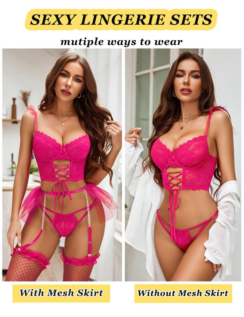 GirlFriend Lingerie Sets Womens Garter Sets 3 Piece Underwire Beautiful Bra and Panty Sets with Mesh Mini Skirts Dark Pink - Image 2