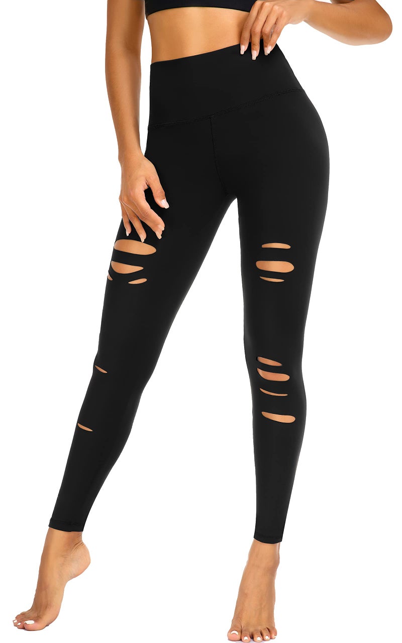 FULLSOFT Buttery Soft Black Leggings for Women - High Waisted Tummy Control No See Through Workout Clothes for Women Yoga Cycling Spandex Cute Tights Pants Under Dress(Black(Fashion Ripped),L-XL) - Image 1