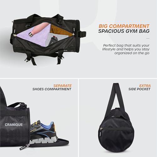 Cranique 23L Duffle Gym Bag with Shoe Compartment & Yoga Mat Holder Shoulder Strap | Gym Bag for Men & Women (QGB1-Black) - Image 4