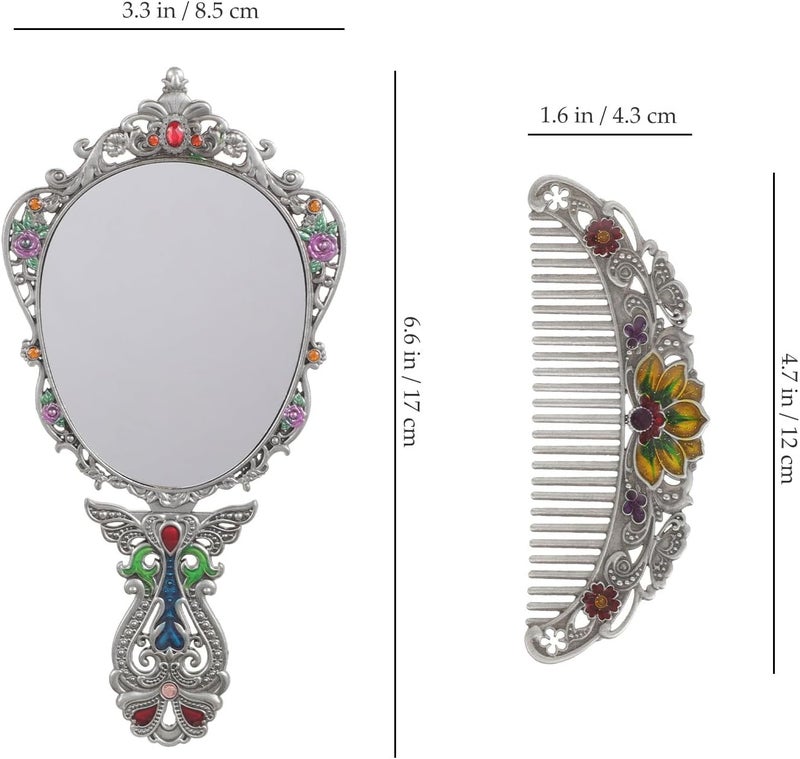 Vintage Metal Folding Makeup Mirror and Comb Set, Portable Compact Handheld Cosmetic Mirror for Travel and Daily Use - Image 2