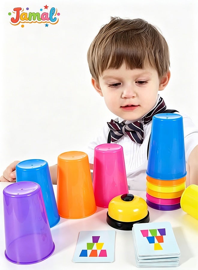 Jamal Stacking Cups Game For Kids - Set Includes 12 Cups, 50 Fun Challenging Cards, And Water Timer - Family Games For Kids And Adults, Indoor Recess Game For Classroom, Gifts For Boys And Girls - Image 1