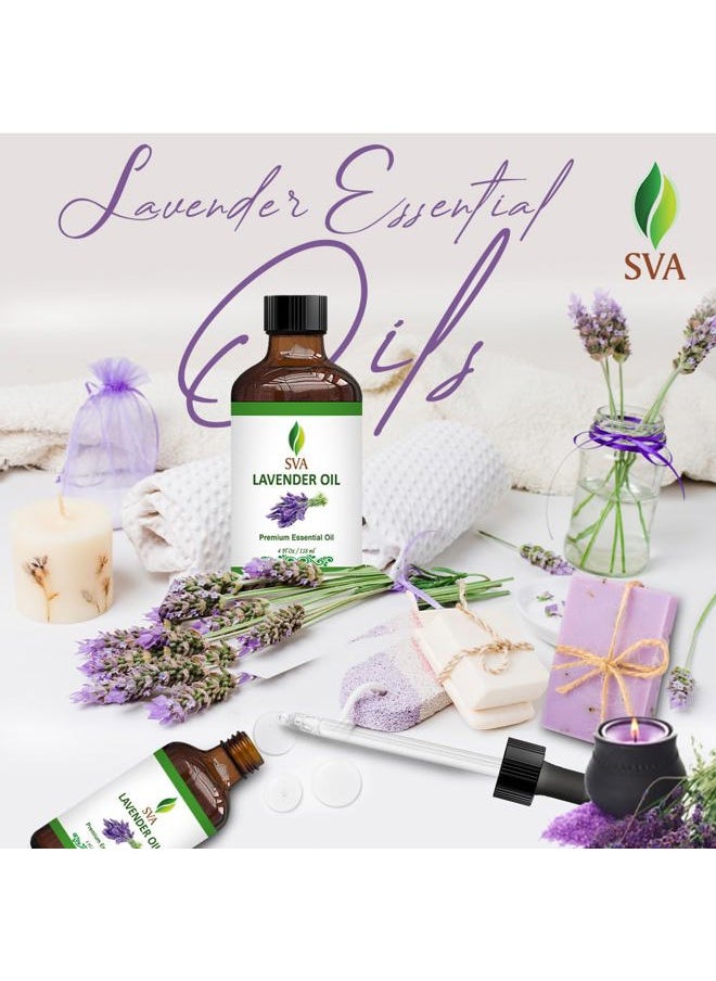 SVA Organics - SVA Lavender Essential Oil – 4 Fl Oz – 100% Natural Lavender Oil - for Diffuser, Hair Care, Face, Skin Care, Aromatherapy, Scalp and Body Massage, Soap and Candle Making – with Dropper - Image 1