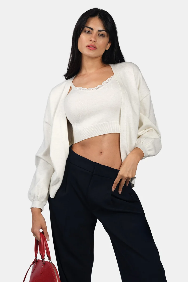 فيرجيو Self Design Viscose Lurex Strappy Crop Knit Cami for Women