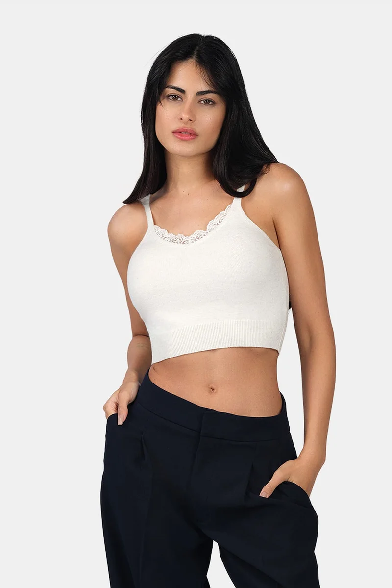 Virgio Self Design Viscose Lurex Strappy Crop Knit Cami for Women